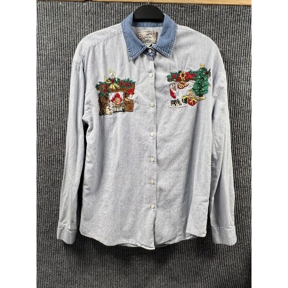 VTG 90’s New Directions Shirt Women Large Blue Stripe Christmas Embroidered Top - Picture 2 of 14